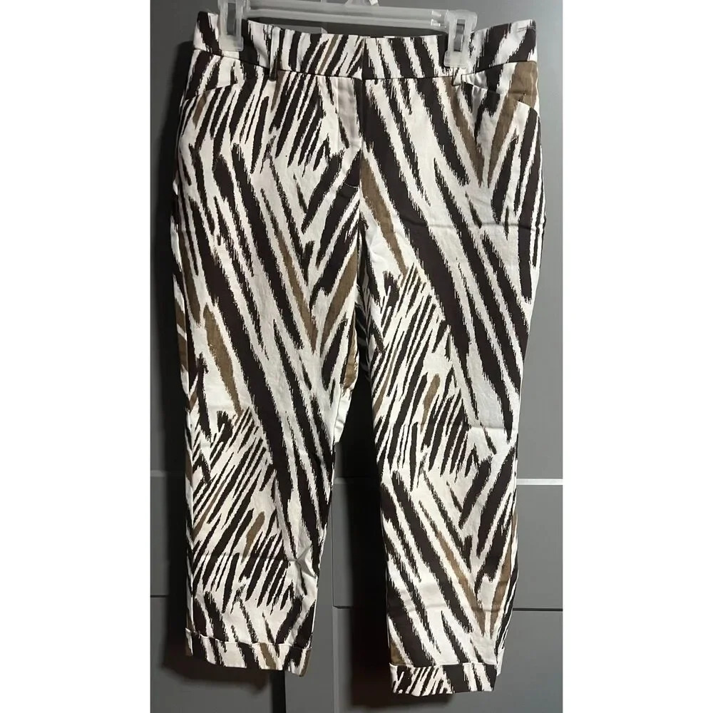 Chico's So Slimming Womens Ankle Crop Brown Zebra Print Pants White 0 (US S4)
